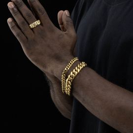 8" Stainless Steel Cuban Bracelet and 10mm Cuban Rings Set in Gold