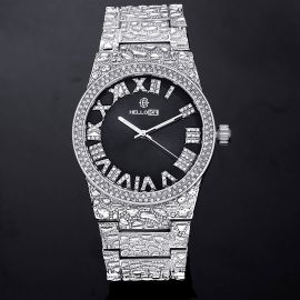 Iced Nugget Style Black Dial Roman Numerals Men's Watch in White Gold