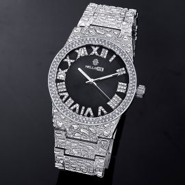 Iced Nugget Style Black Dial Roman Numerals Men's Watch in White Gold