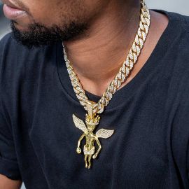 Iced Large Angel Pendant with Iced Cuban Chain Set in Gold