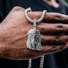 Iced Jesus Half Mechanical Face Pendant with Tennis Chain Set in White Gold
