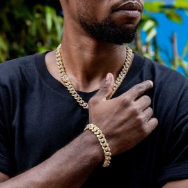12mm Iced Miami Cuban Chain and Bracelet Set in Gold