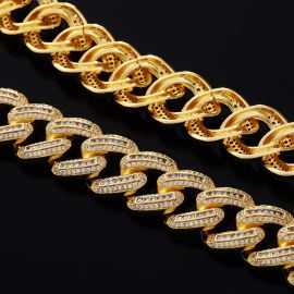 Iced 20mm Square and Round Stones Cuban Link Chain in Gold