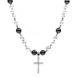 White and Black Pearl Necklace with Tennis Cross