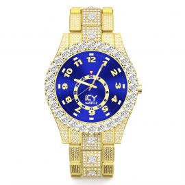 Iced Arabic Numerals Blue Dial Men's Watch in Gold