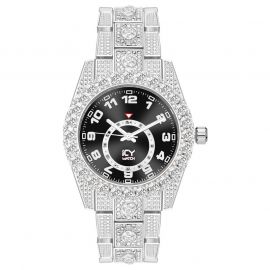 Iced Arabic Numerals Black Dial Men's Watch in White Gold