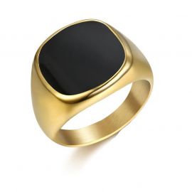 Black Square Signet Titanium Steel Ring in Gold