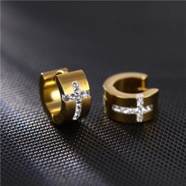 Iced Cross Steel Hoop Earrings in Gold