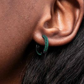 Women's Iced Emerald Circle Hoop Earrings in Black Gold