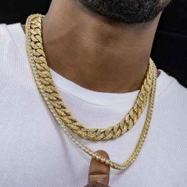 13mm Iced Cuban + 5mm Tennis Chain Set in Gold