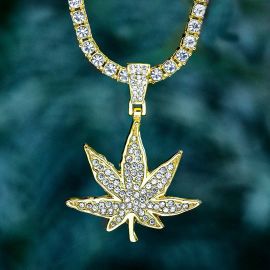 Iced Leaf Pendant with 4mm Tennis Set in Gold