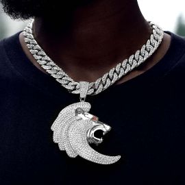 Iced Lion Head Pendant with 13mm Cuban Chain Set in White Gold