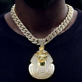 Iced Pharaoh Pendant with 13mm Cuban Chain Set in Gold
