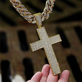 Micro Pave Large Cross Pendant with 13mm Cuban Chain Set in Gold