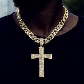 Micro Pave Large Cross Pendant with 13mm Cuban Chain Set in Gold