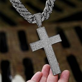 Micro Pave Large Cross Pendant with 13mm Cuban Chain Set in White Gold