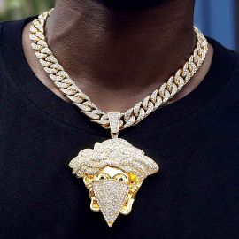 Iced Mask Snake Hair Banshee Pendant with 13mm Cuban Chain Set  in Gold