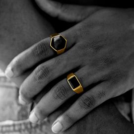 Black Hexagon Signet Titanium Steel Ring in Gold