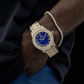 Iced Roman Numerals Blue Dial Men's Watch in Gold