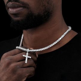Cross Pendant with 5mm Tennis Chain Set in White Gold