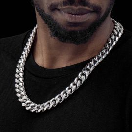 14mm 316L Stainless Steel Cuban Link Chain in White Gold