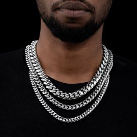 18mm 316L Stainless Steel Cuban Link Chain in White Gold