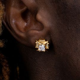 Princess Cut North Star Stud Earrings in Gold