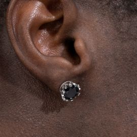 Crown Black Round Cut Stone Stud Earrings