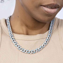 Women's 8mm Iced Blue&White Two-tone Cuban Link Chain