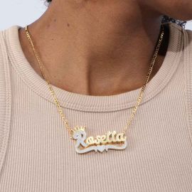 Personalized Two Tone Crown Heart Name Necklace