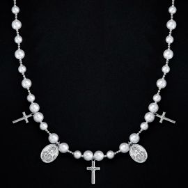 Christian Cross and Virgin Mary Pearl Necklace