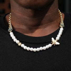 Skull Bee Pearl and Cuban Necklace