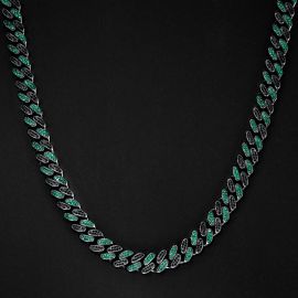 Iced 12mm Handset Emerald & Black Stones Cuban Chain in Black Gold
