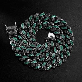 Iced 12mm Handset Emerald & Black Stones Cuban Chain in Black Gold