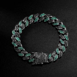 Iced 12mm Handset Emerald & Black Stones Cuban Bracelet in Black Gold