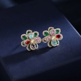 Iced Multi-color Camellia Stud Earrings