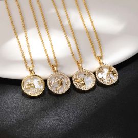 Twelve Constellation White Fritillary Coin Necklace in 18K Gold
