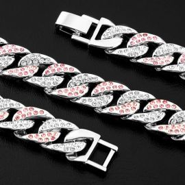 Iced 13mm White & Pink Cuban Chain in White Gold