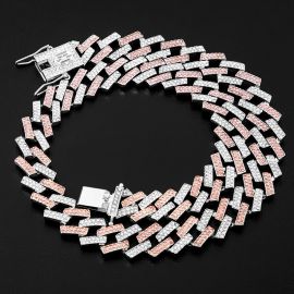 Iced 14mm White & Pink Prong Cuban Chain in White Gold