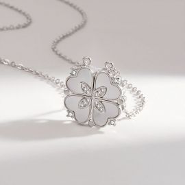 Sterling Silver Mother of Pearl Magnetic Four-Heart Clover Deformed Necklace