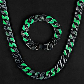 Iced 12mm Emerald & Black Enamel Cuban Chain Set in Black Gold
