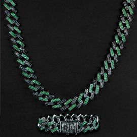 Iced 14mm Emerald & Black Prong Cuban Chain Set in Black Gold