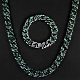 Iced 13mm Emerald & Black Cuban Chain Set in Black Gold