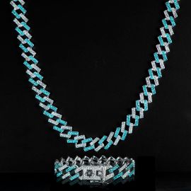 Iced 14mm White & Blue Prong Cuban Chain Set in White Gold