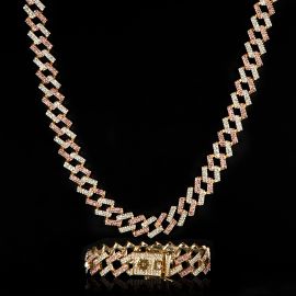 Iced 14mm White & Pink Prong Cuban Chain Set in Gold