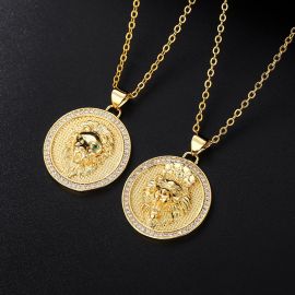 18K Gold Crown Lion Round Badge Pendant  Women Necklace