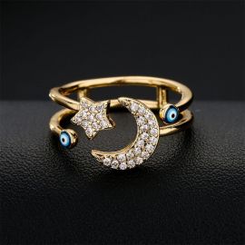 Micro Pave Evil Eye Moon Star Adjustable Open Ring in 18K Gold