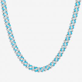 Iced 11mm Women White Stones & Blue Enamel Cuban Chain Necklace in White Gold