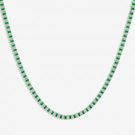 Iced Baguette Cut White & Green Stones Tennis Chain Necklace in White Gold