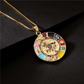 Evil Eye Palm Cat Round Badge Pendant Necklace For Women